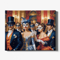 Canvas print of a group of people in formal attire with masks against a decorative wall.