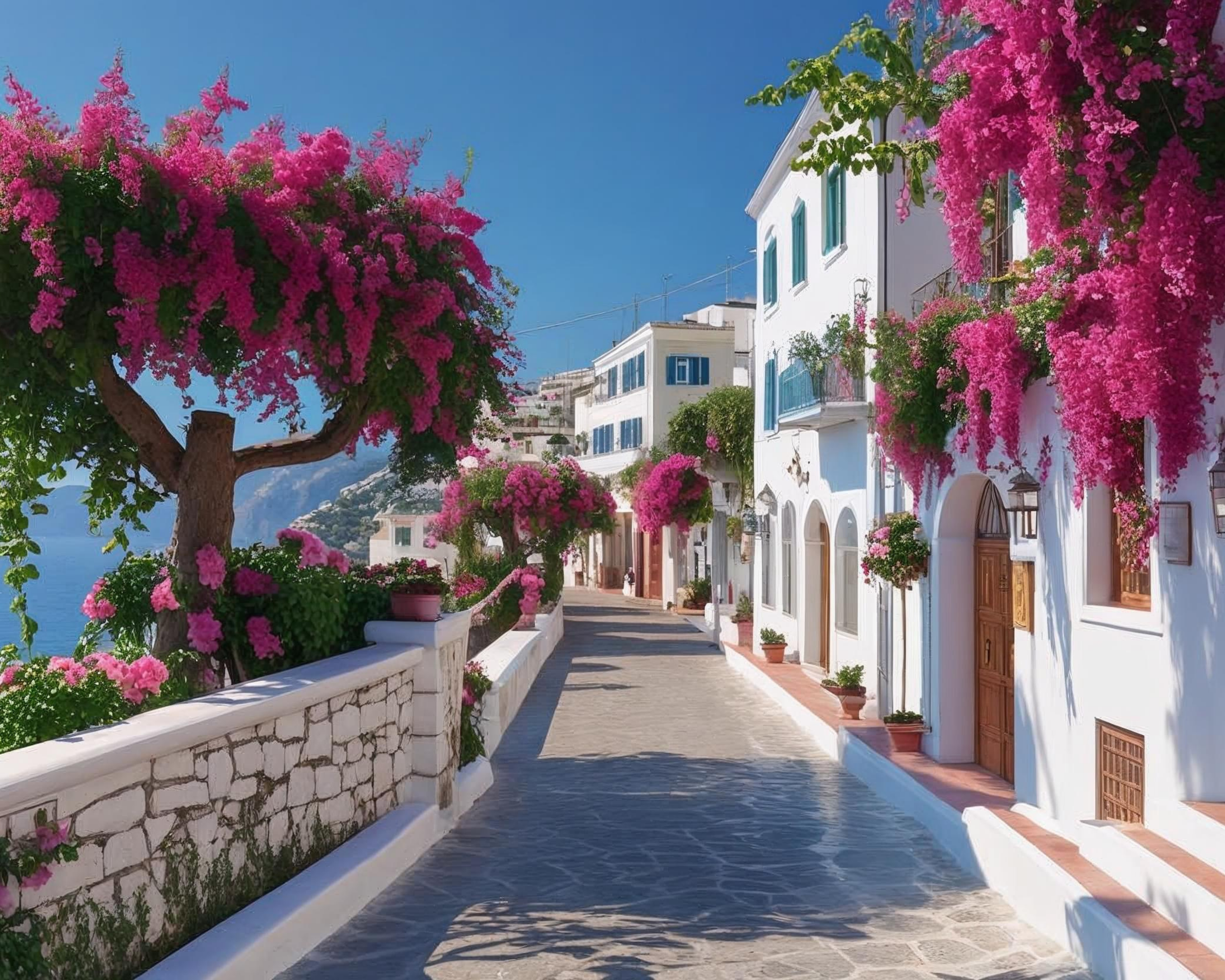 Street scene with white buildings, pink flowers, and blue sky.