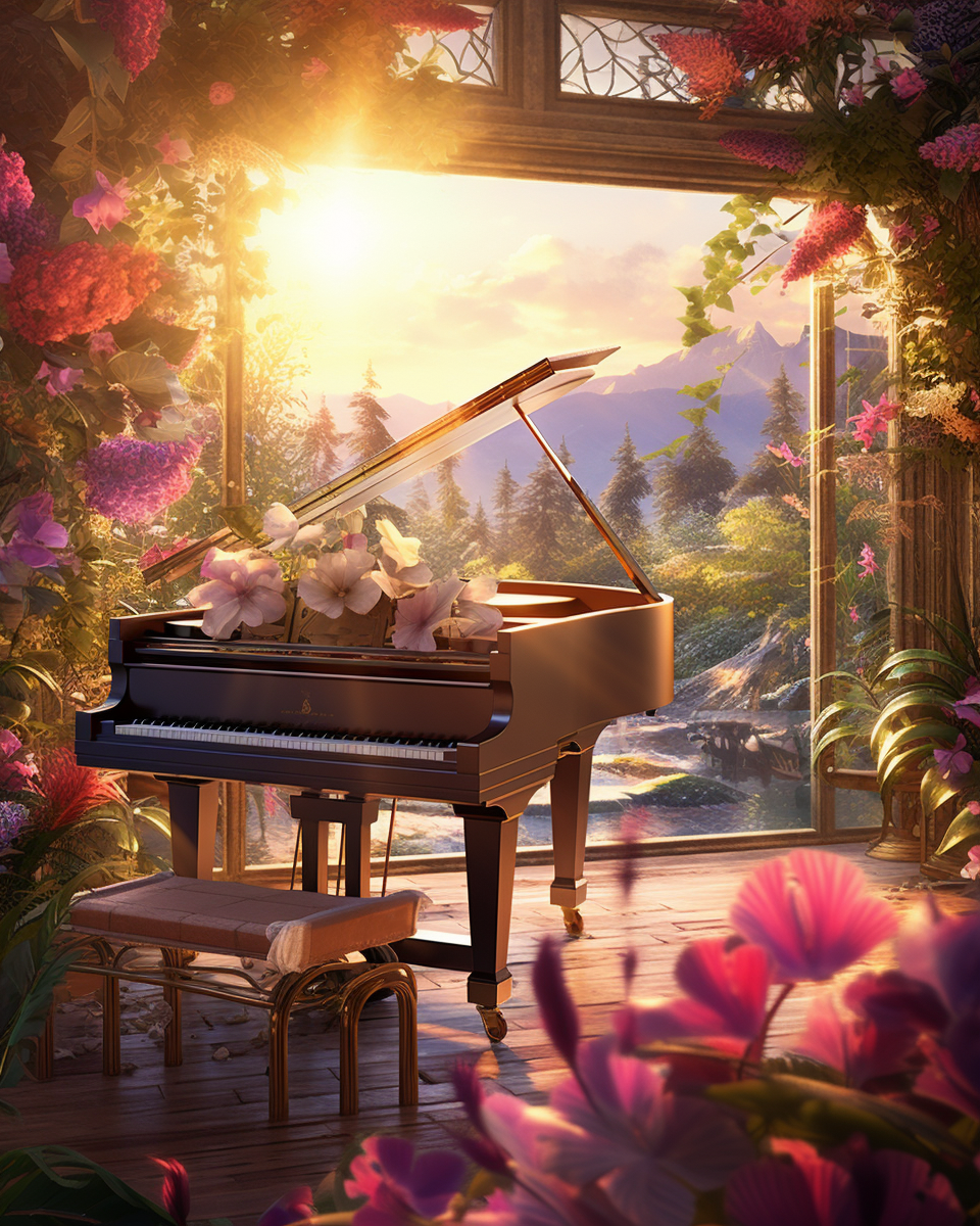 Grand piano in a room with flowers and a window view of mountains
