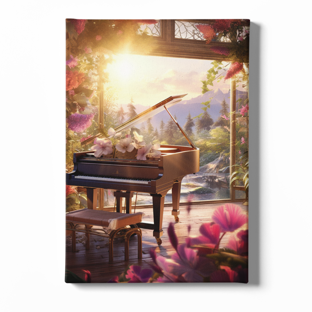 Canvas print of a grand piano in a scenic setting with flowers and mountains.