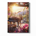 Canvas print of a grand piano in a scenic setting with flowers and mountains.