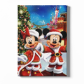 Cartoon characters in Christmas outfits with a festive background