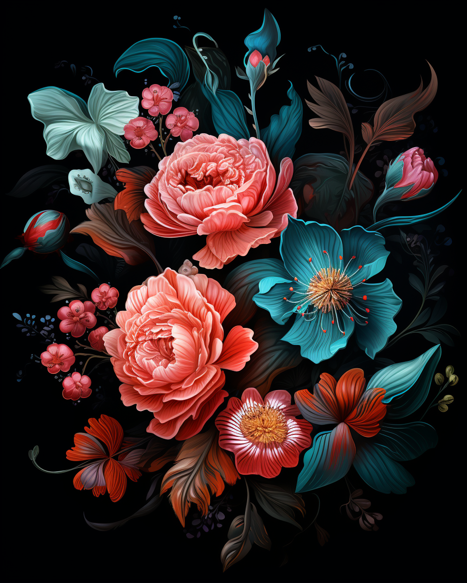 Colorful floral arrangement on a black background