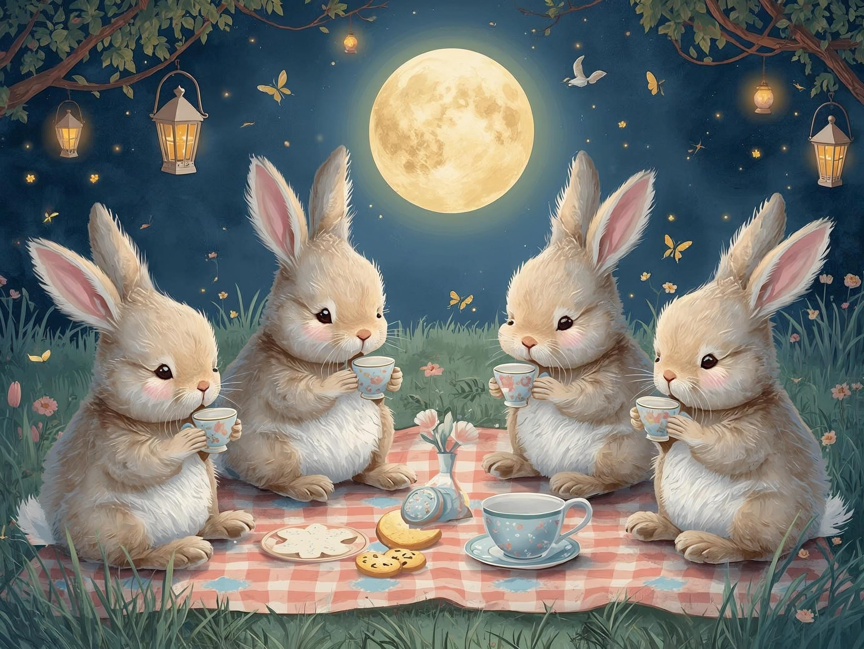 Four rabbits sitting around a picnic blanket under a moonlit sky.