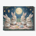 Four rabbits sitting on a picnic blanket under a moonlit sky.
