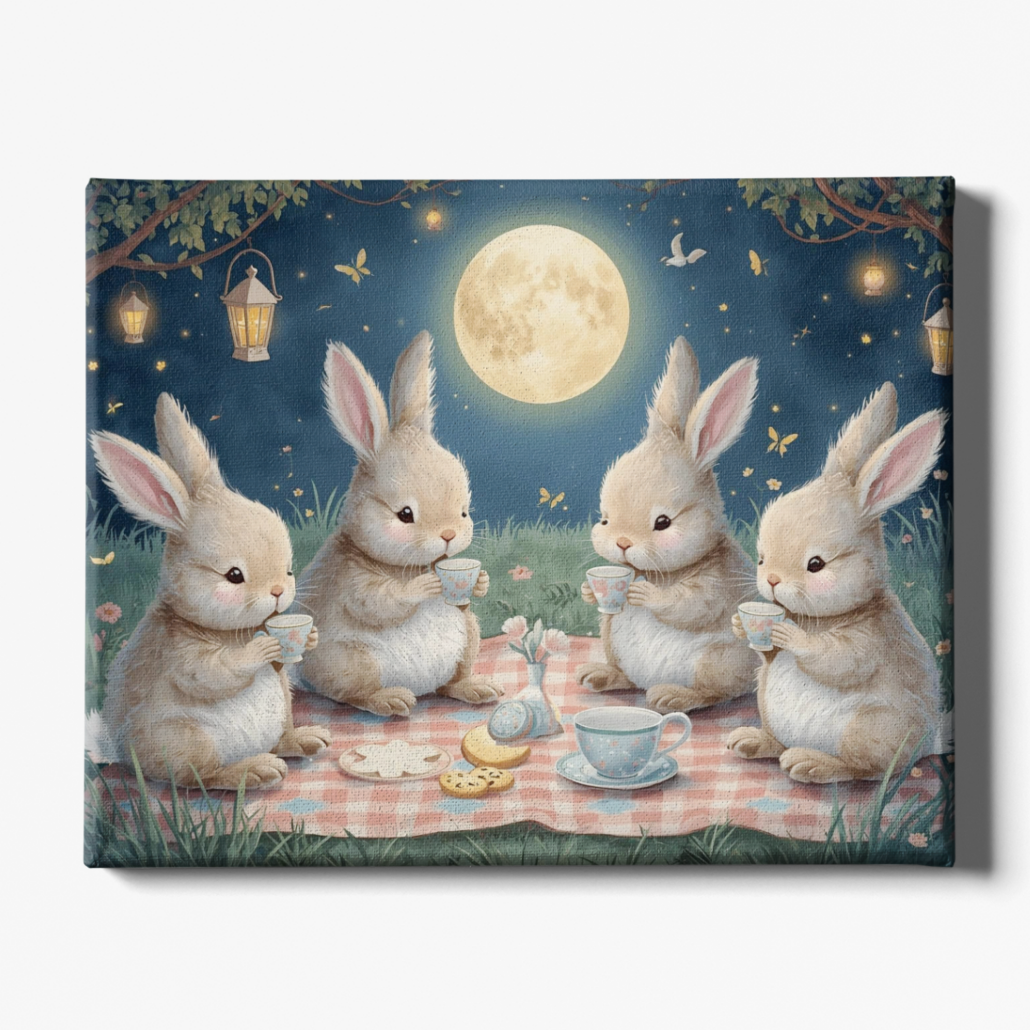 Four rabbits sitting on a picnic blanket under a moonlit sky.