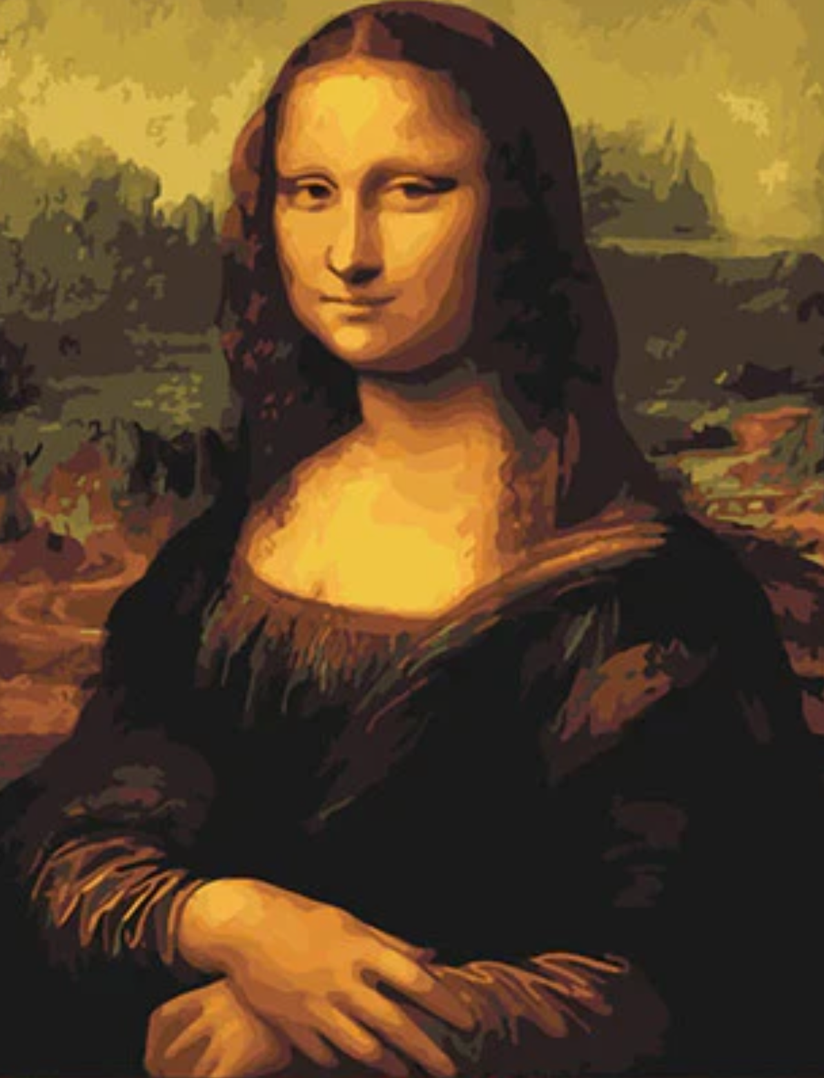 Stylized painting of a woman with a landscape background