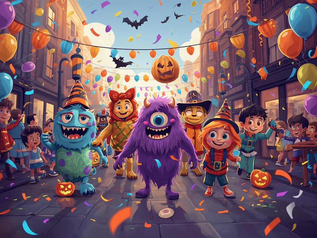Children and monsters celebrating Halloween on a street with decorations and confetti.