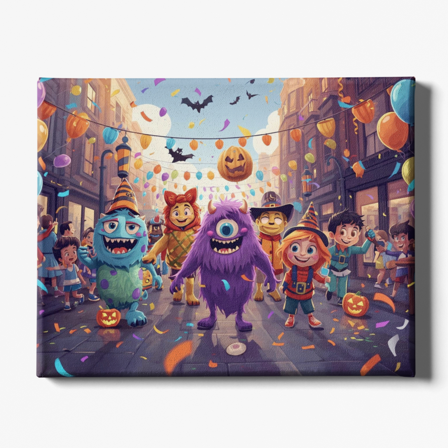 Illustration of children and monsters celebrating Halloween on a city street.