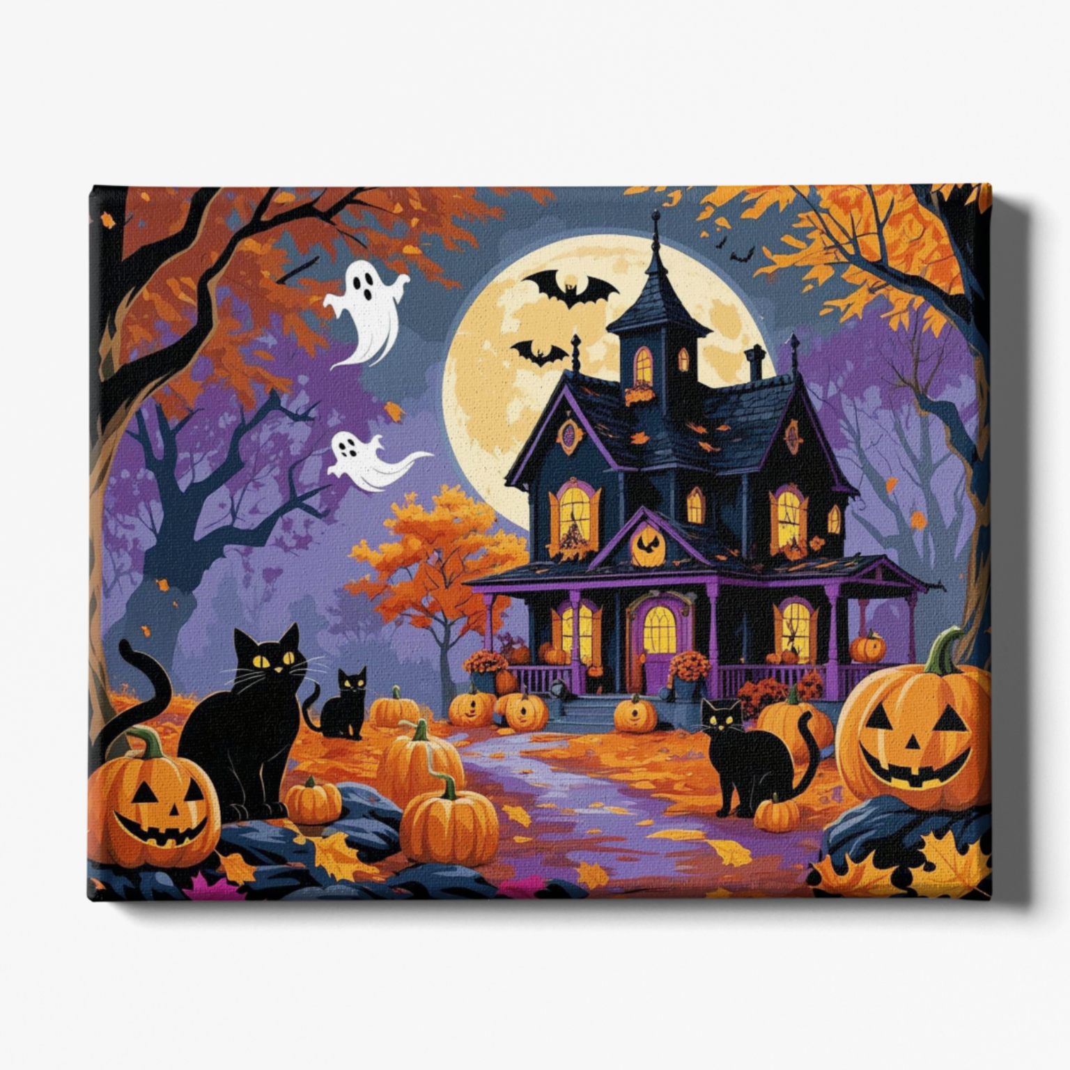 Halloween-themed painting with a haunted house, pumpkins, and cats.