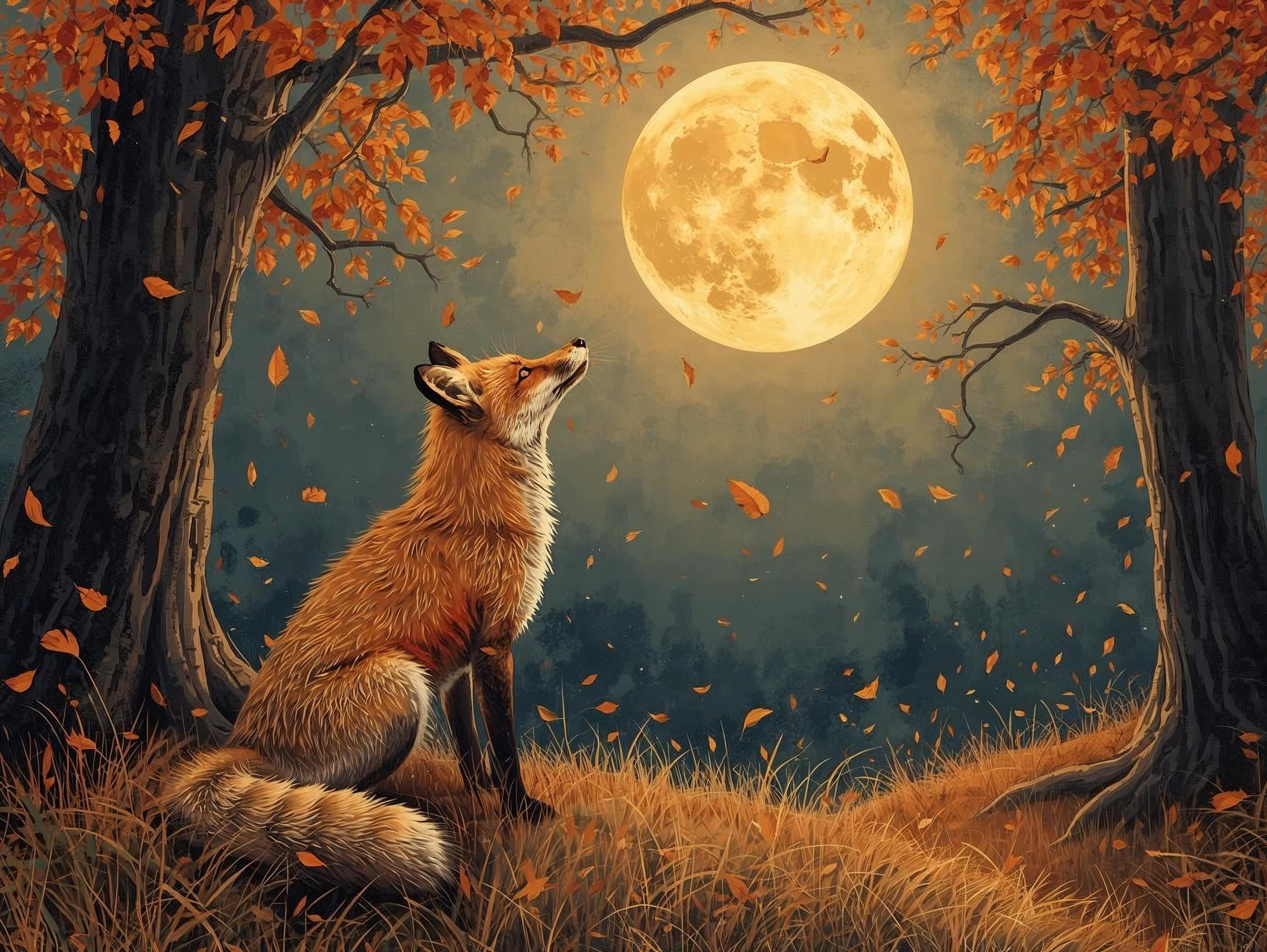 Fox sitting under a full moon in an autumn forest