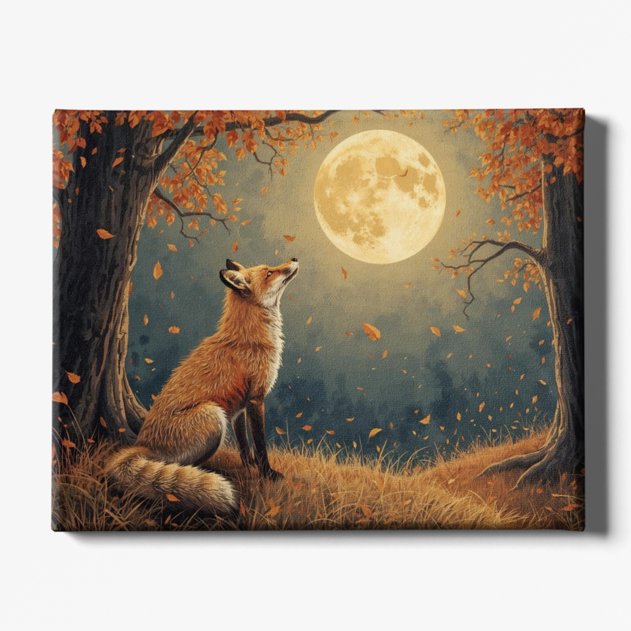 Fox under a full moon in an autumn forest
