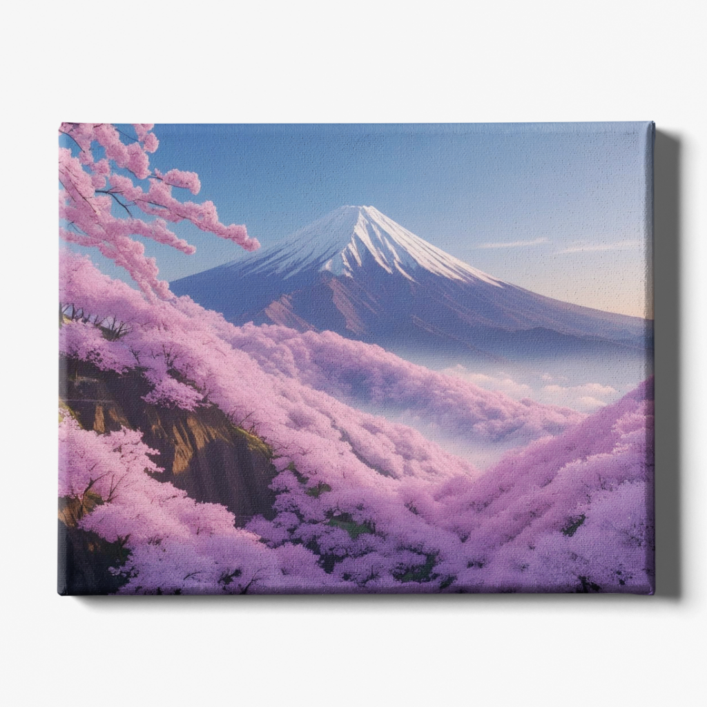 Canvas print of a mountain landscape with cherry blossoms