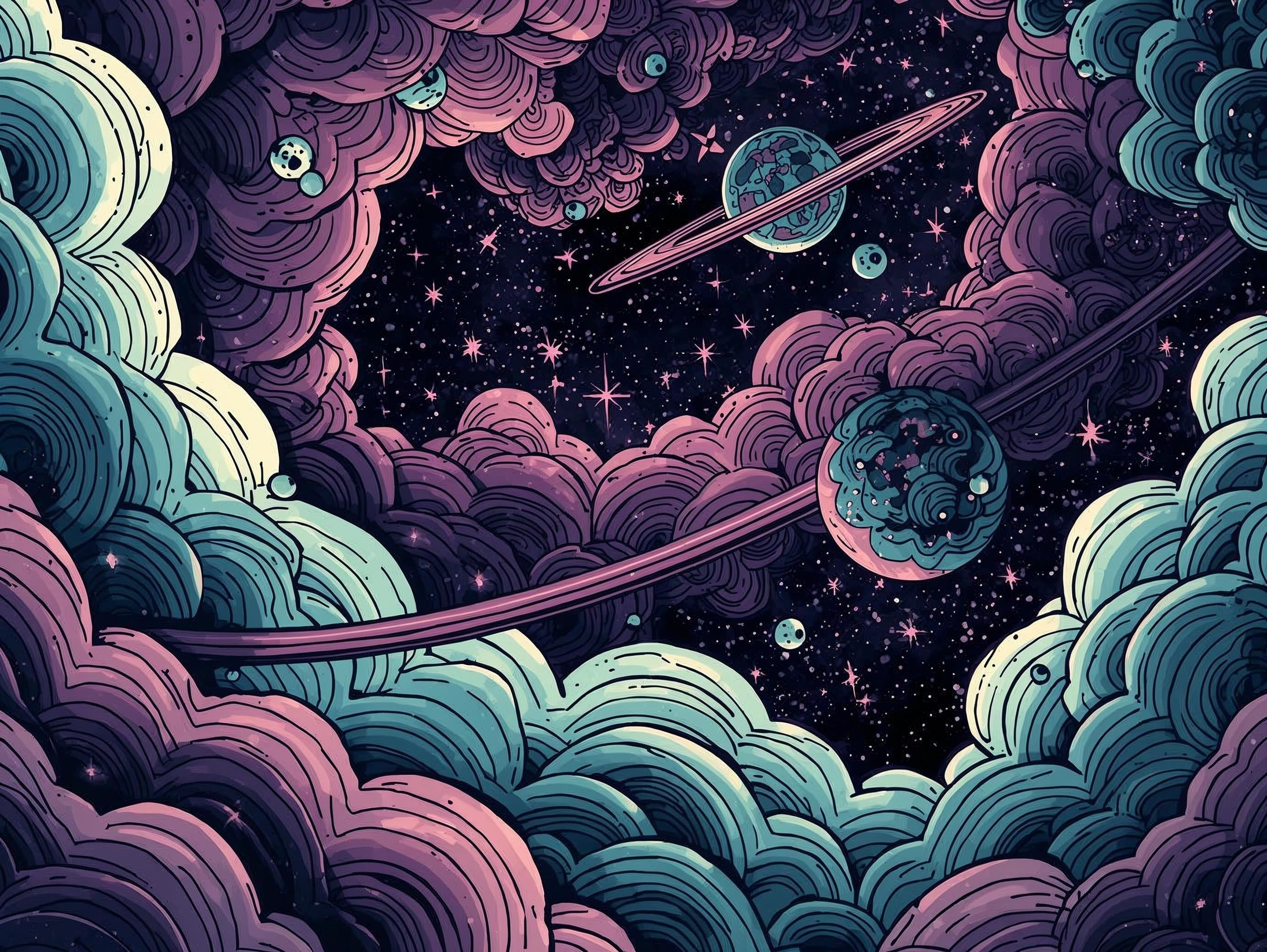 Colorful illustration of space with planets and stars, framed by cloud-like structures.