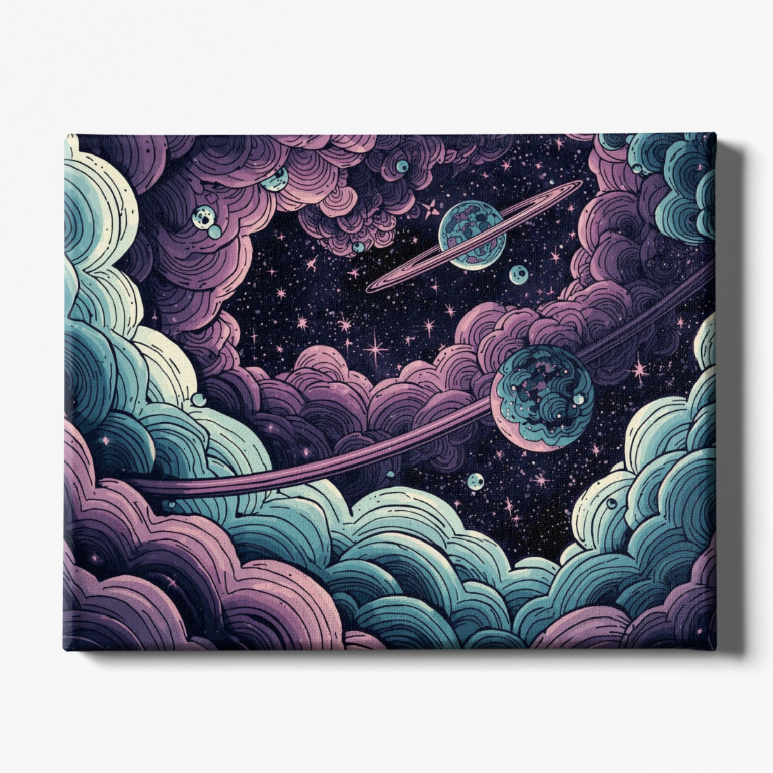 Canvas print with a space-themed design featuring planets and stars among swirling clouds.
