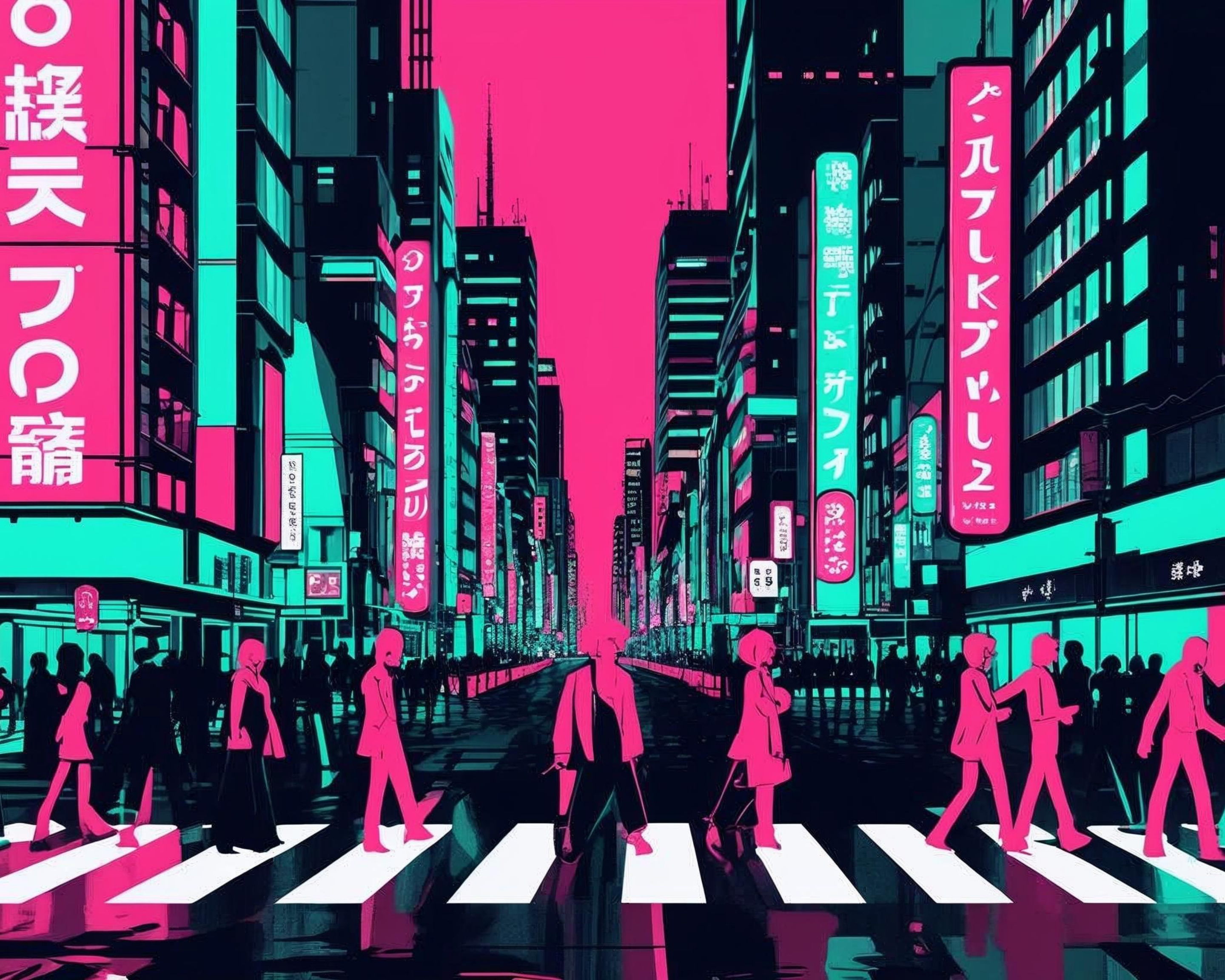 Neon-lit city street with people crossing a zebra crossing, featuring Japanese text on billboards.