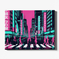 Futuristic city street scene with neon lights and people crossing a zebra crossing.