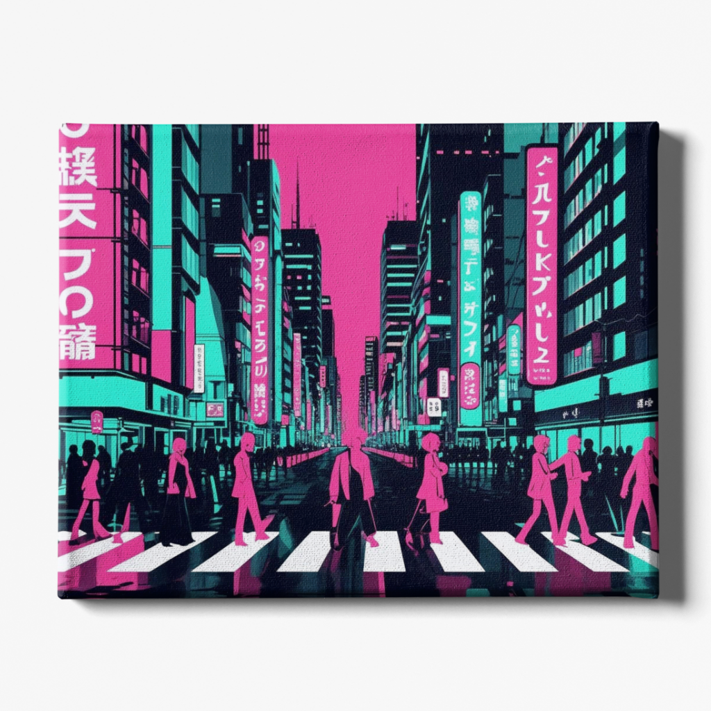 Futuristic city street scene with neon lights and people crossing a zebra crossing.