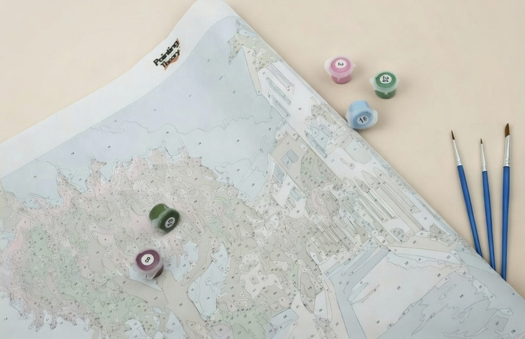 map with buttons and paintbrushes on a beige background