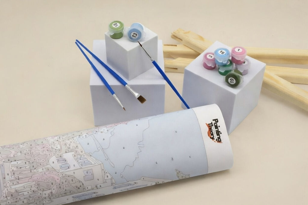 paint by numbers kit contents with canvas paints and brushes 