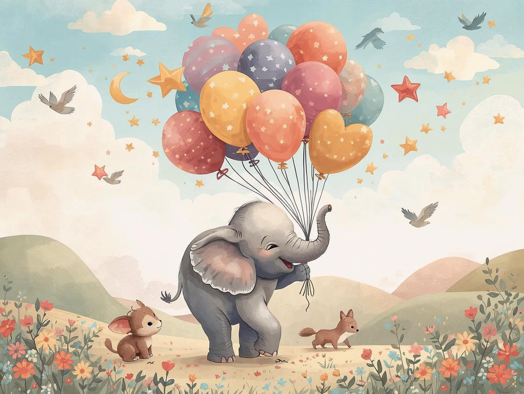 Illustration of an elephant holding colorful balloons in a whimsical landscape with animals and flowers.