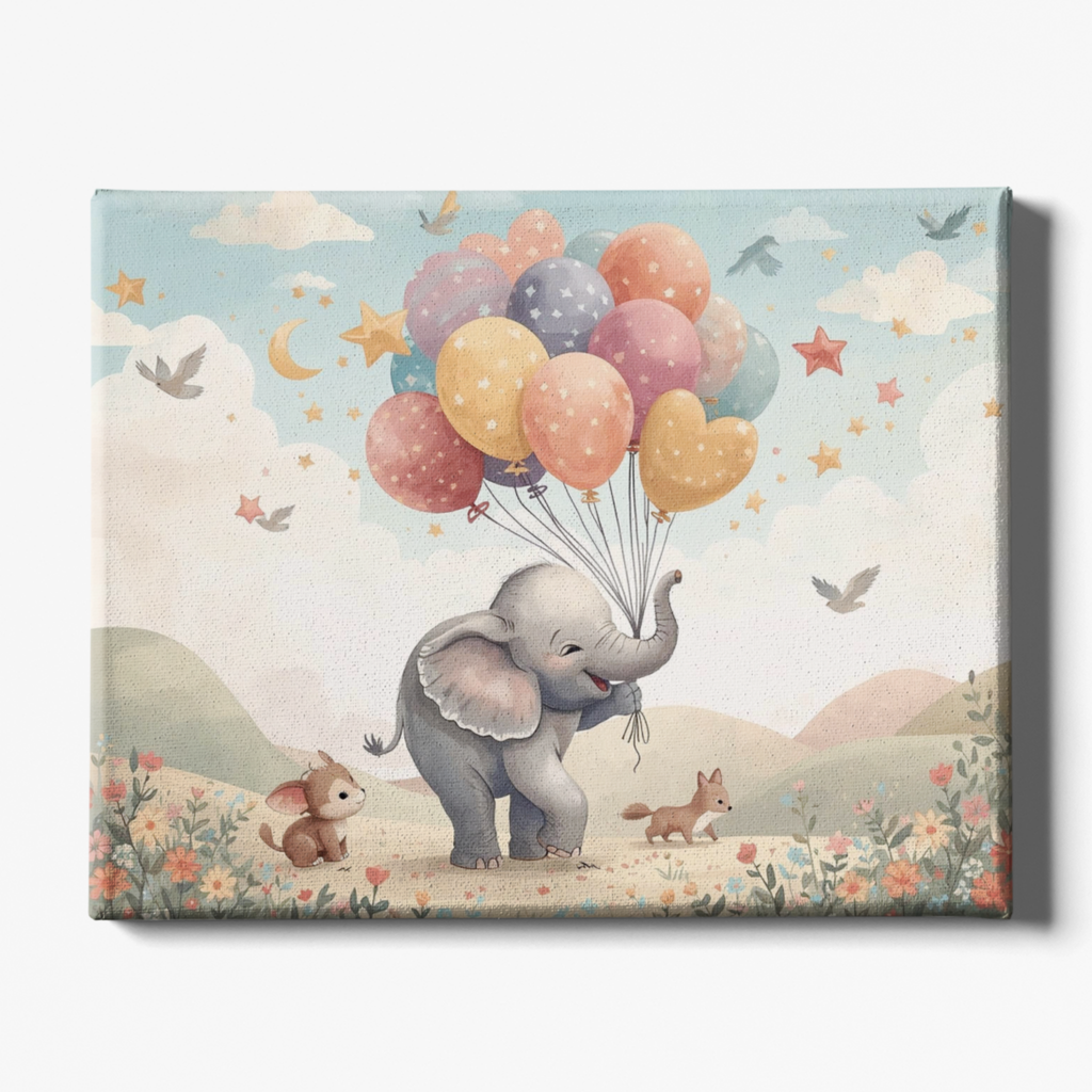 Canvas print with a cartoon elephant holding balloons against a sky background