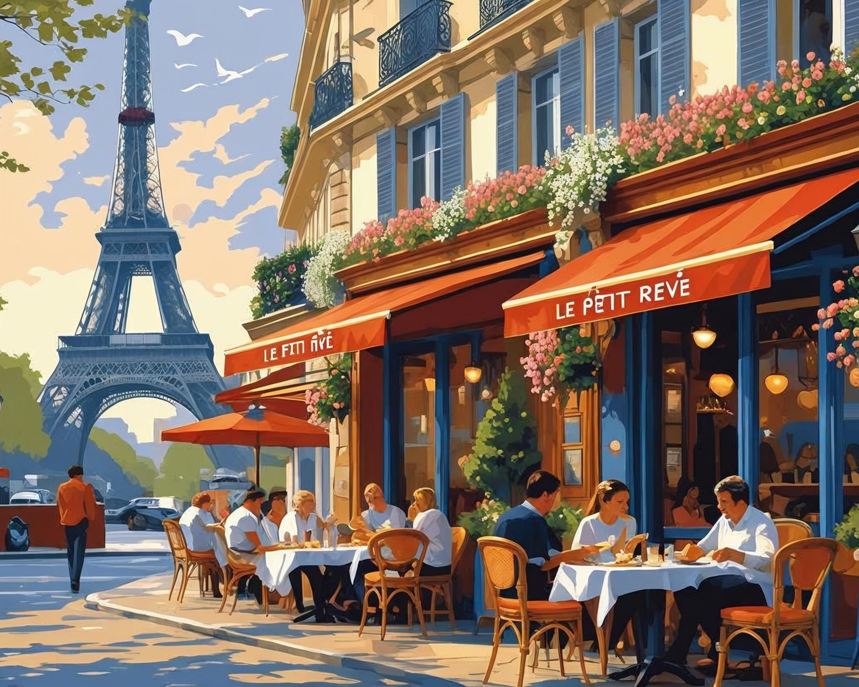 Street scene with people dining outside a café in Paris, featuring the Eiffel Tower.