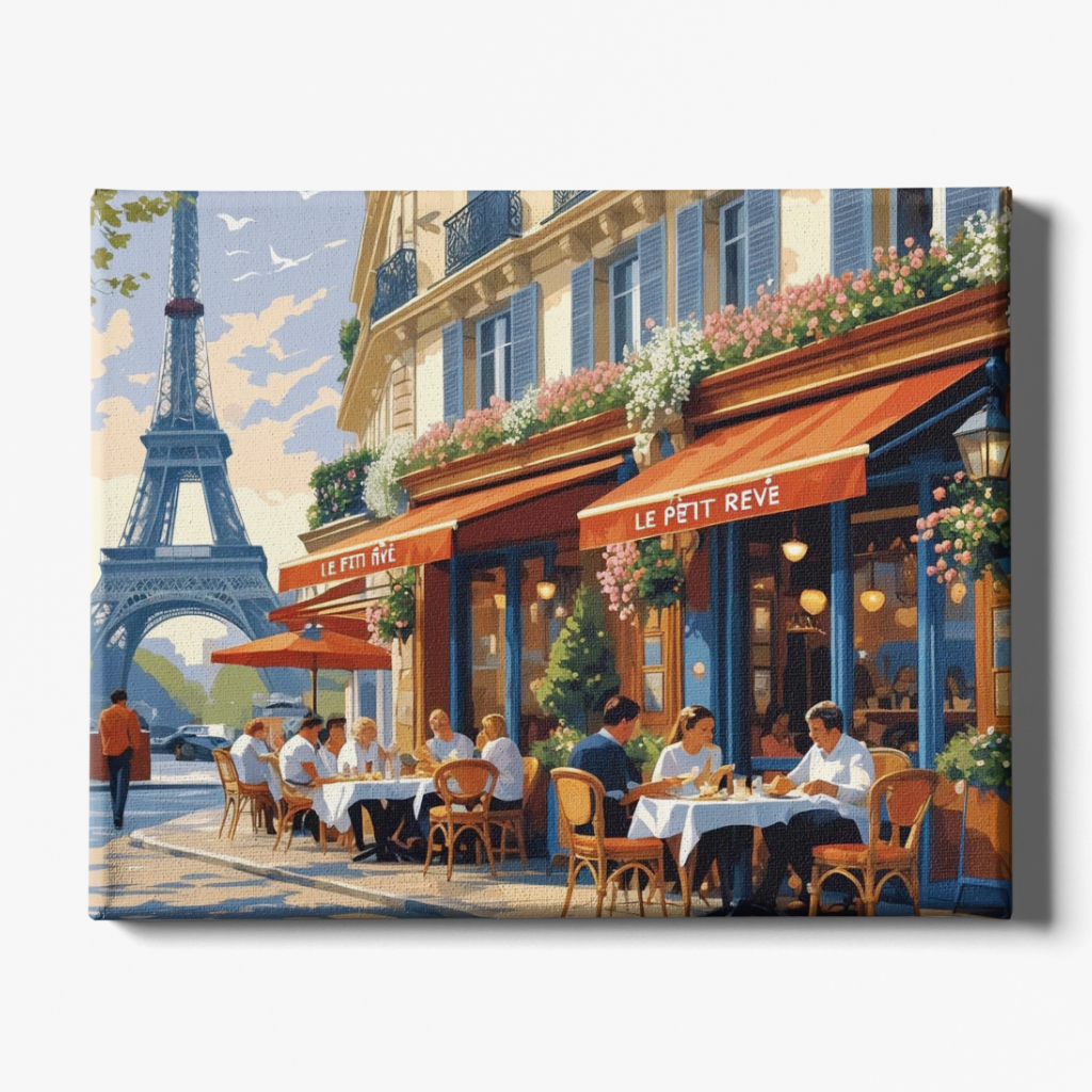Painting of a Parisian street scene with a cafe and Eiffel Tower in the background.