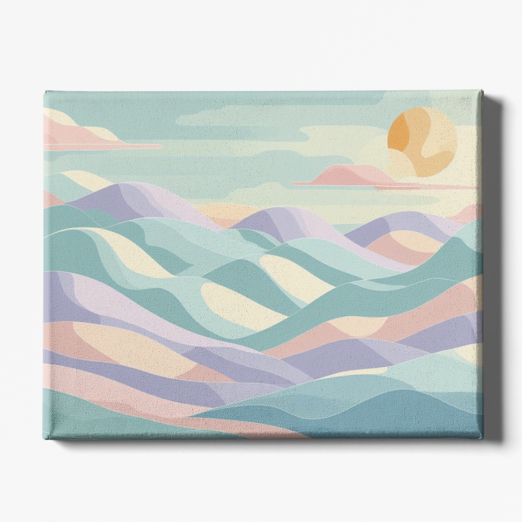 Canvas print with pastel-colored abstract landscape and sun