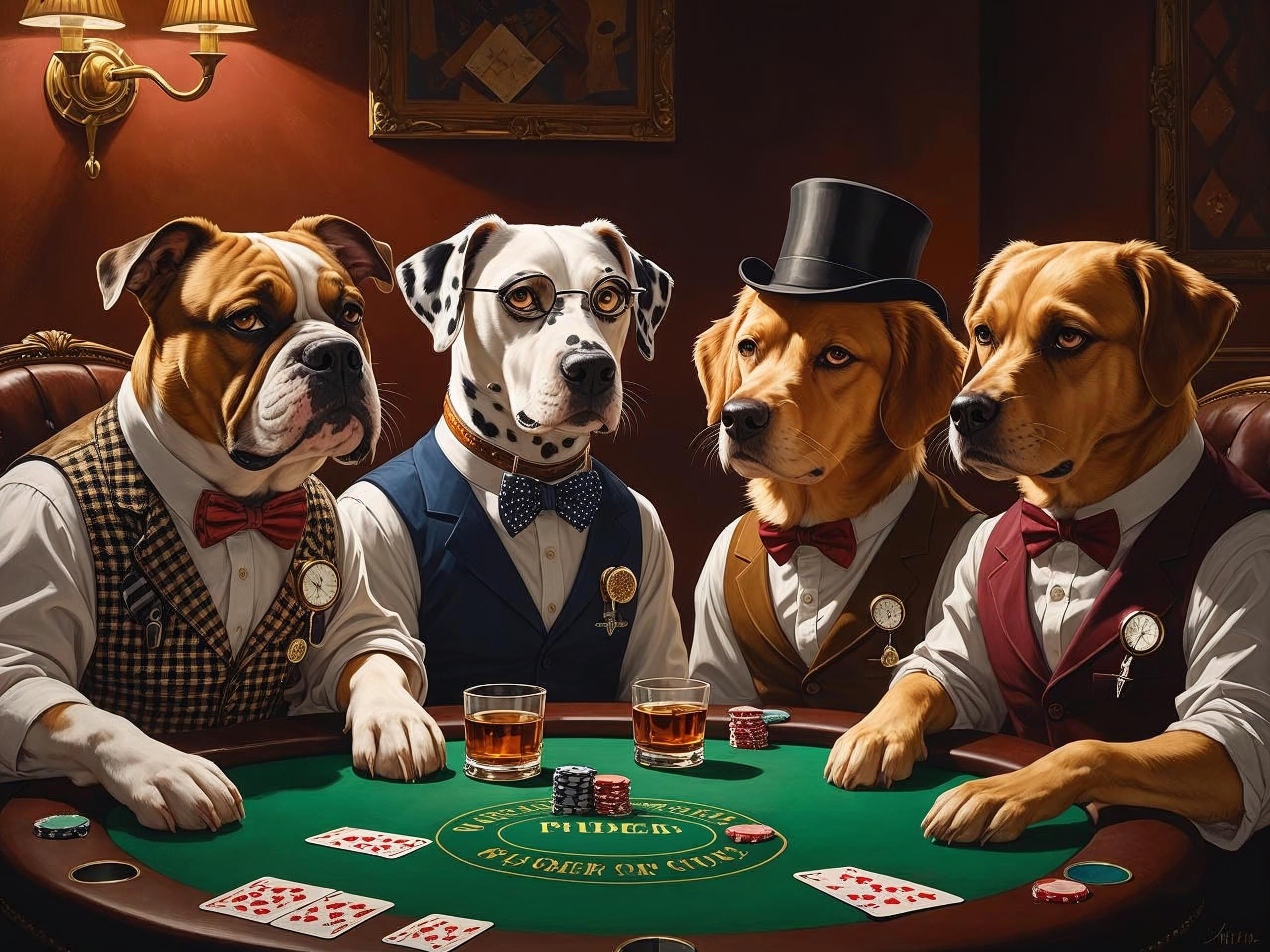 Four dogs dressed in formal attire playing poker at a table.