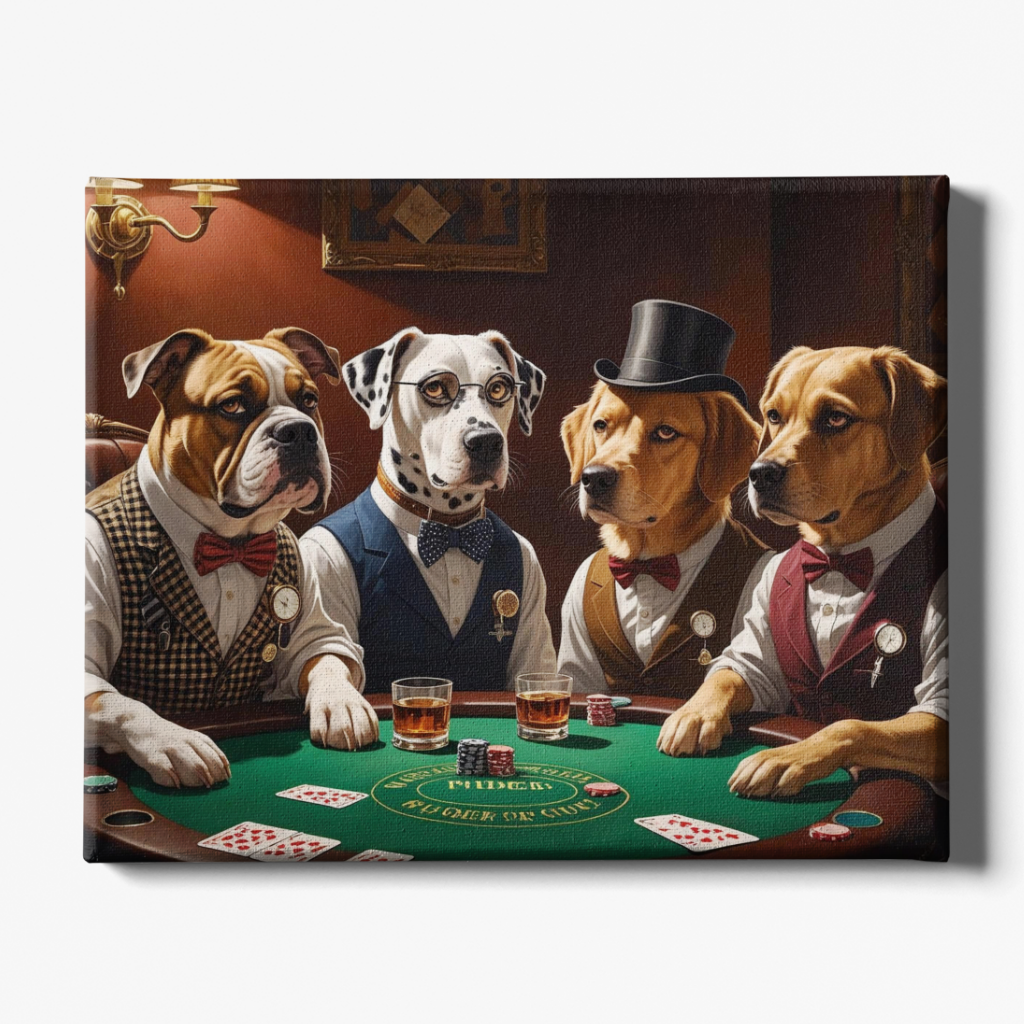Canvas print of four dogs playing poker with a vintage room background