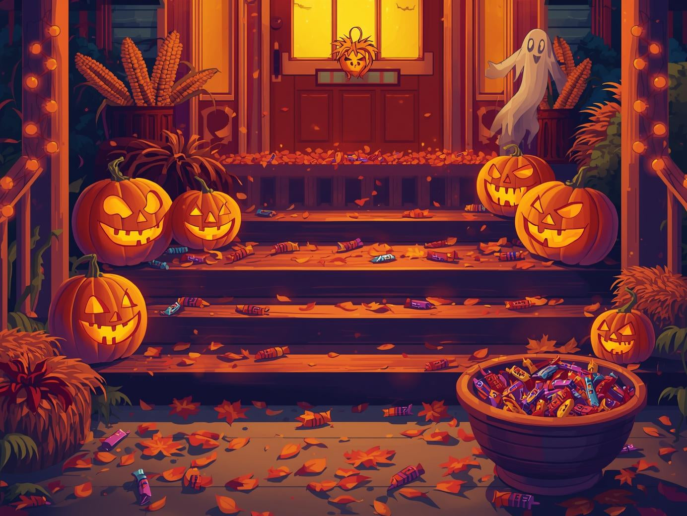 Halloween-themed scene with pumpkins, candy, and a ghost in front of a house.