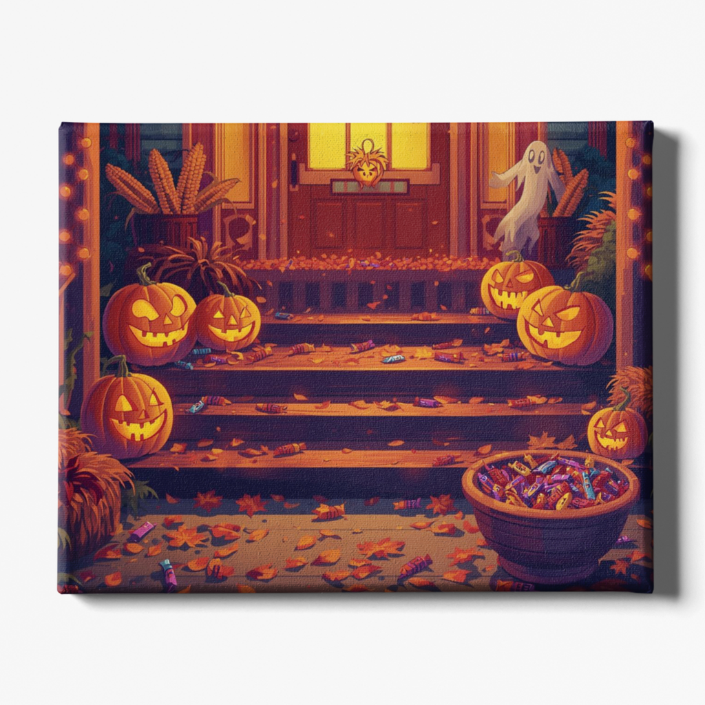 Halloween-themed scene with pumpkins, candy, and a ghost on a staircase.