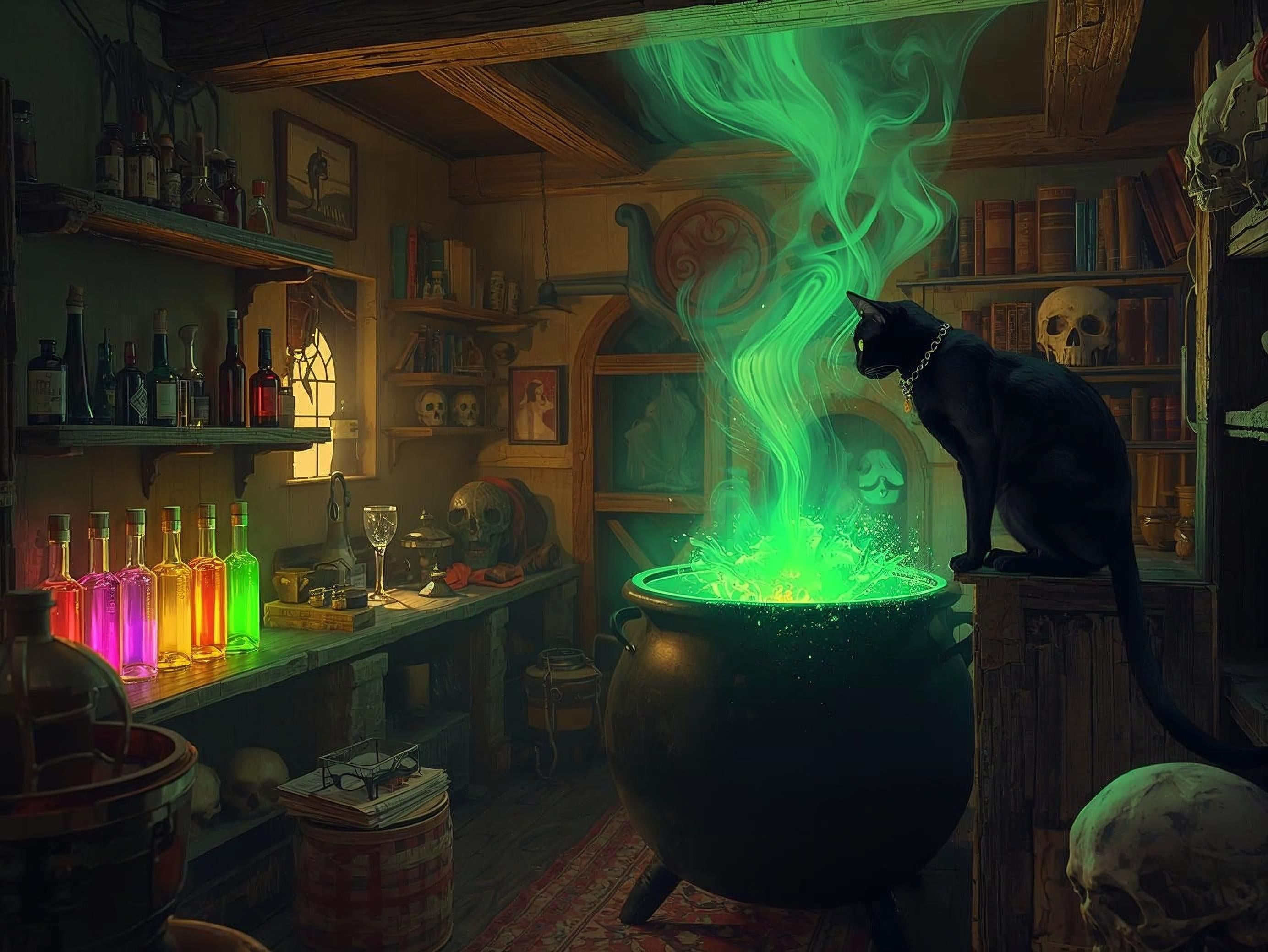 Cat sitting next to a glowing green cauldron in a mystical room with shelves and bottles.