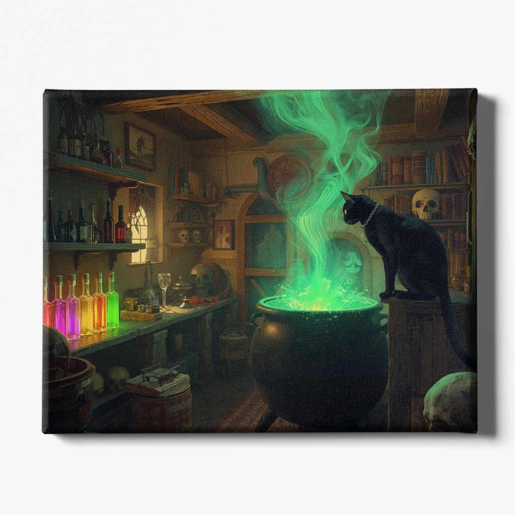 Cat sitting on a cauldron with green smoke in a mystical room with shelves and bottles.