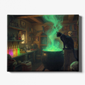 Cat sitting on a cauldron with green smoke in a mystical room with shelves and bottles.