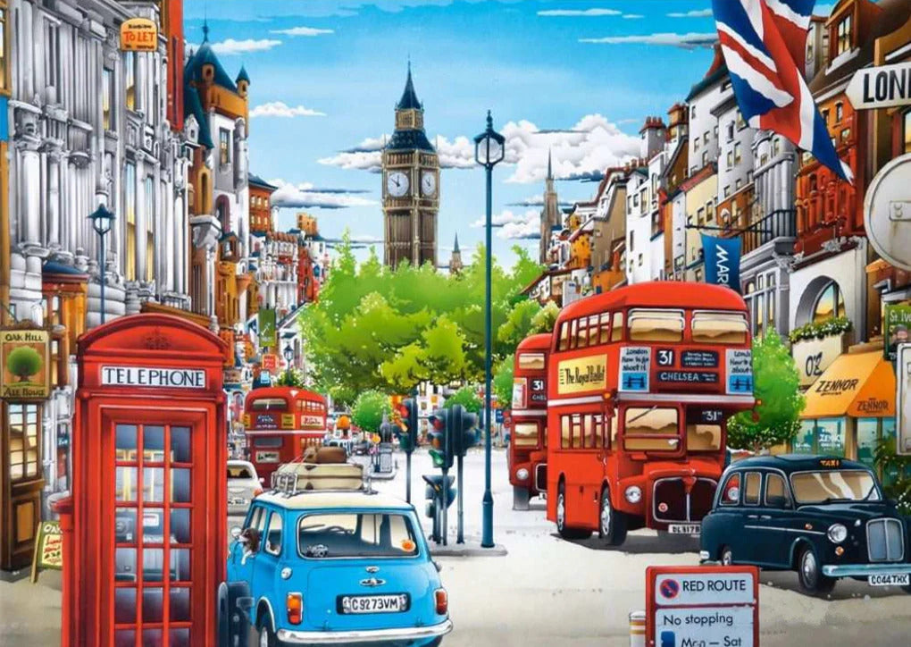 Colorful illustration of a London street with red double-decker buses, blue taxi, and iconic phone booth.