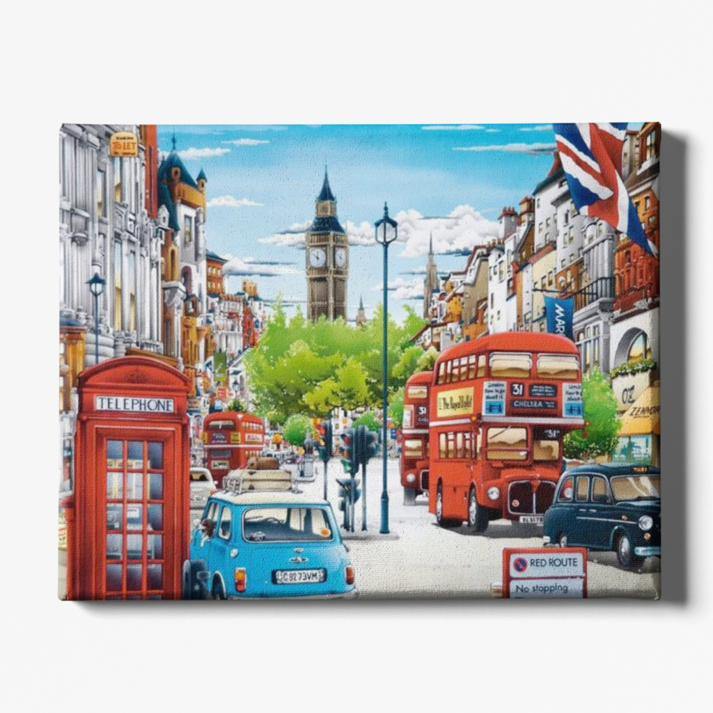 Painting of a London street scene with red double-decker bus, blue taxi, and telephone box.