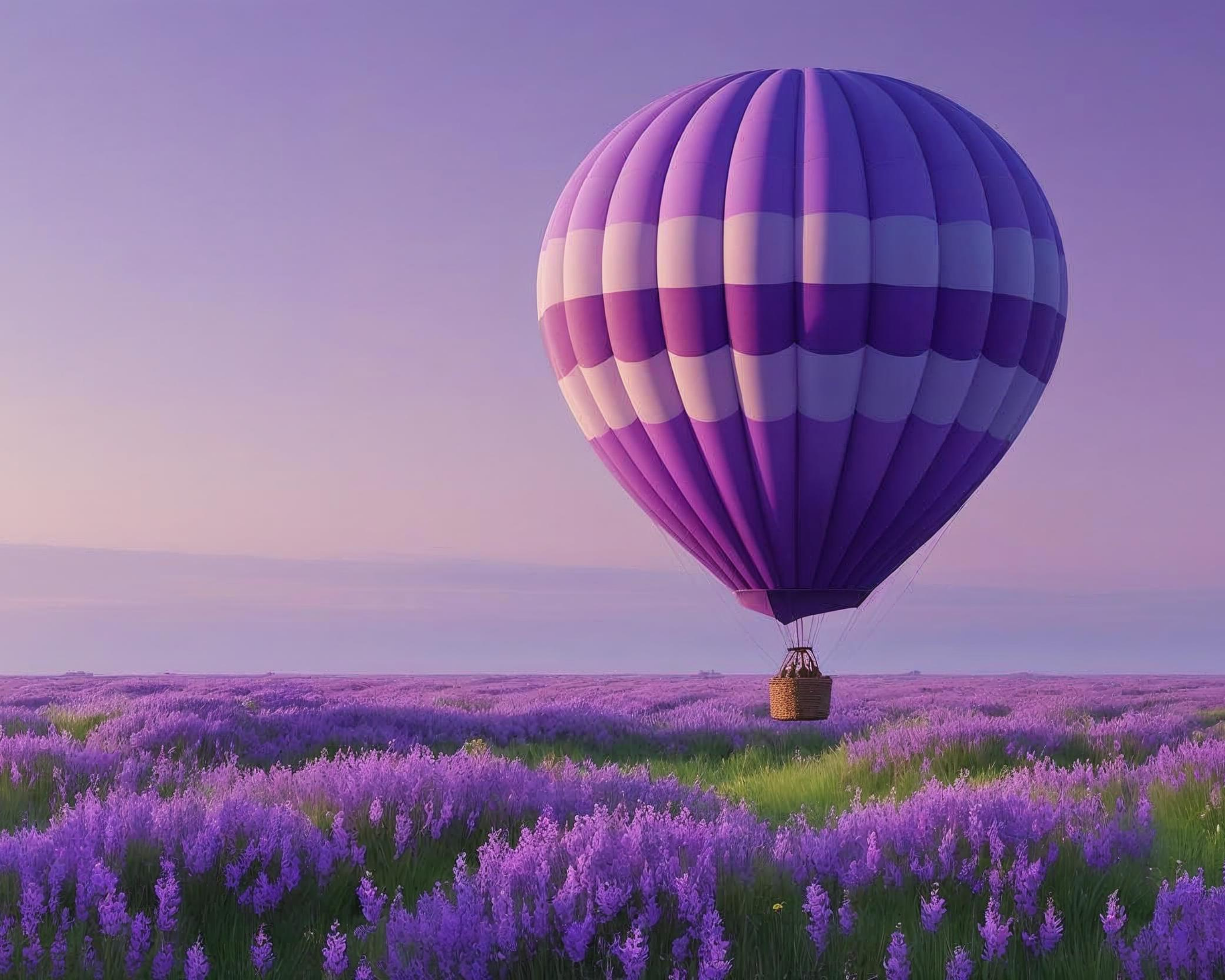 Hot air balloon in a lavender field with a purple sky