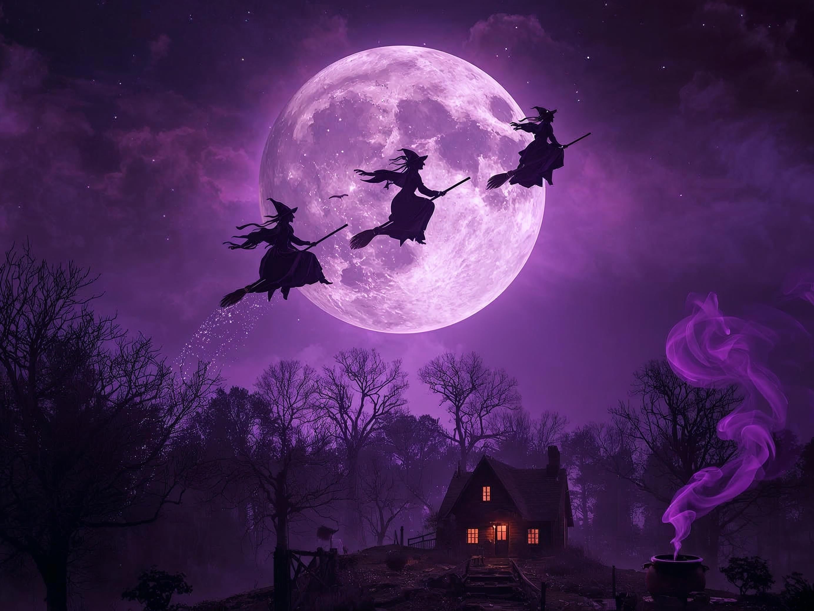 Three witches flying on brooms against a purple moonlit sky with a house and tree silhouettes.