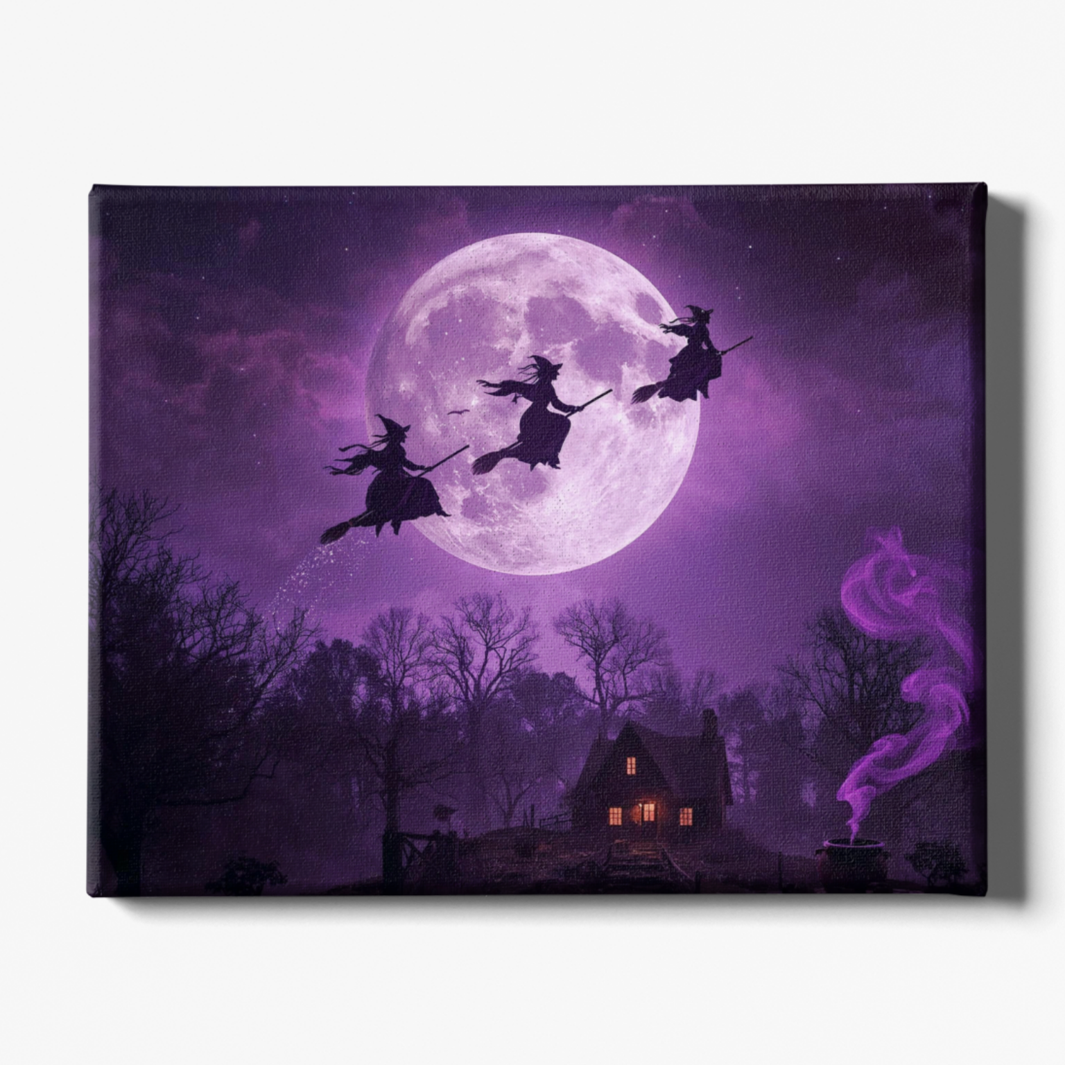 Three witches flying on brooms against a purple moonlit sky with a house and tree silhouettes.