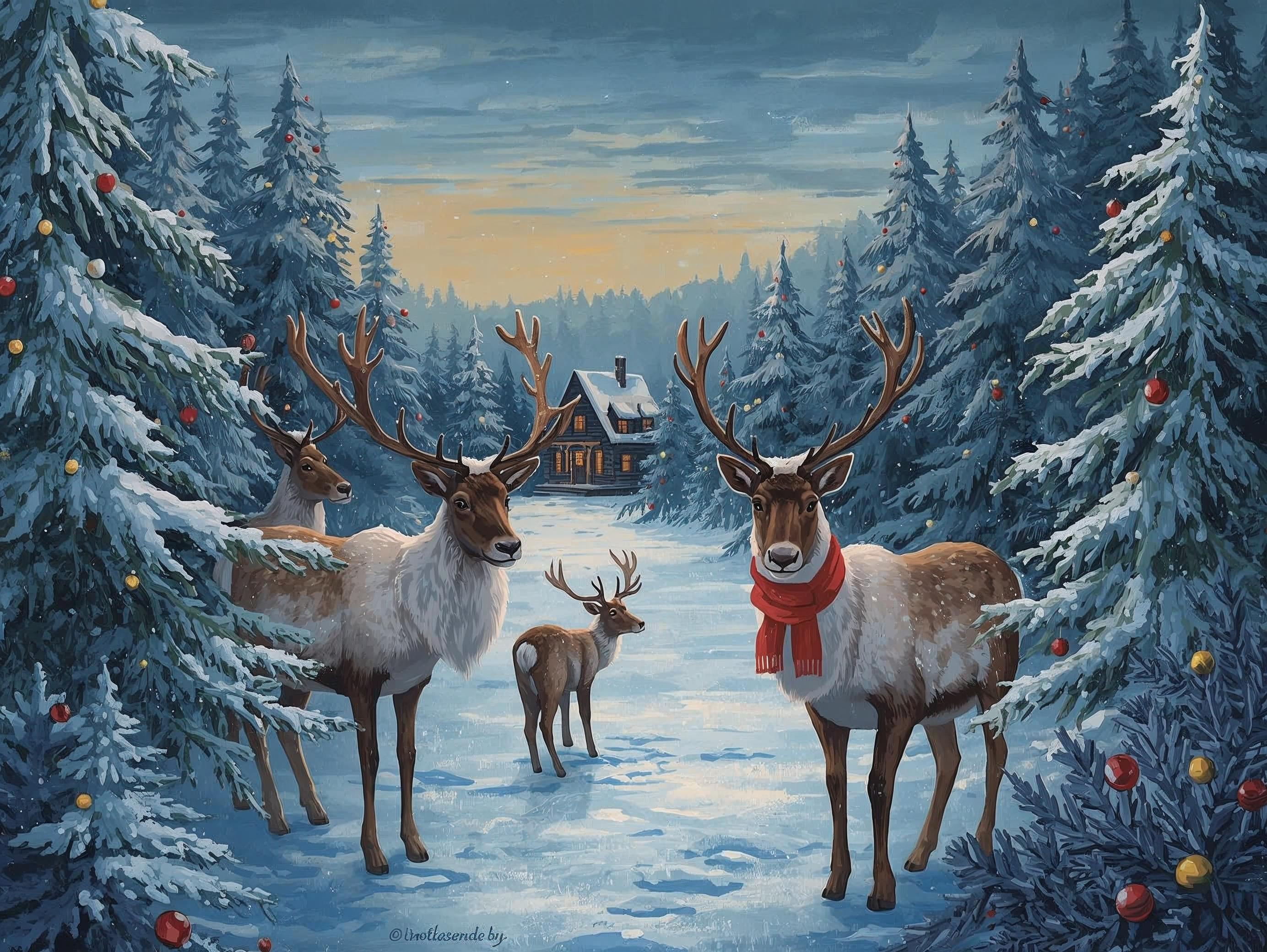 Painting of reindeer in a snowy forest with a house in the background