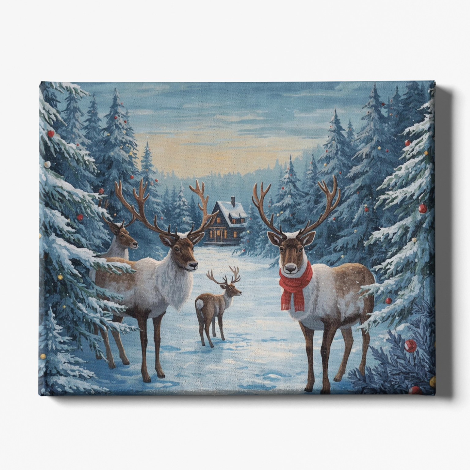 Canvas print of deer in a snowy forest with a house in the background