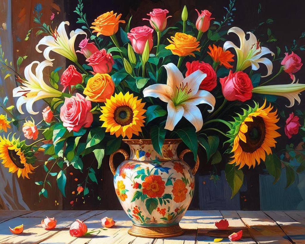 Colorful bouquet of flowers in a decorative vase on a wooden surface.