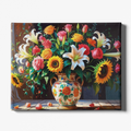 Canvas print of a colorful floral arrangement with a decorative vase on a wooden table.