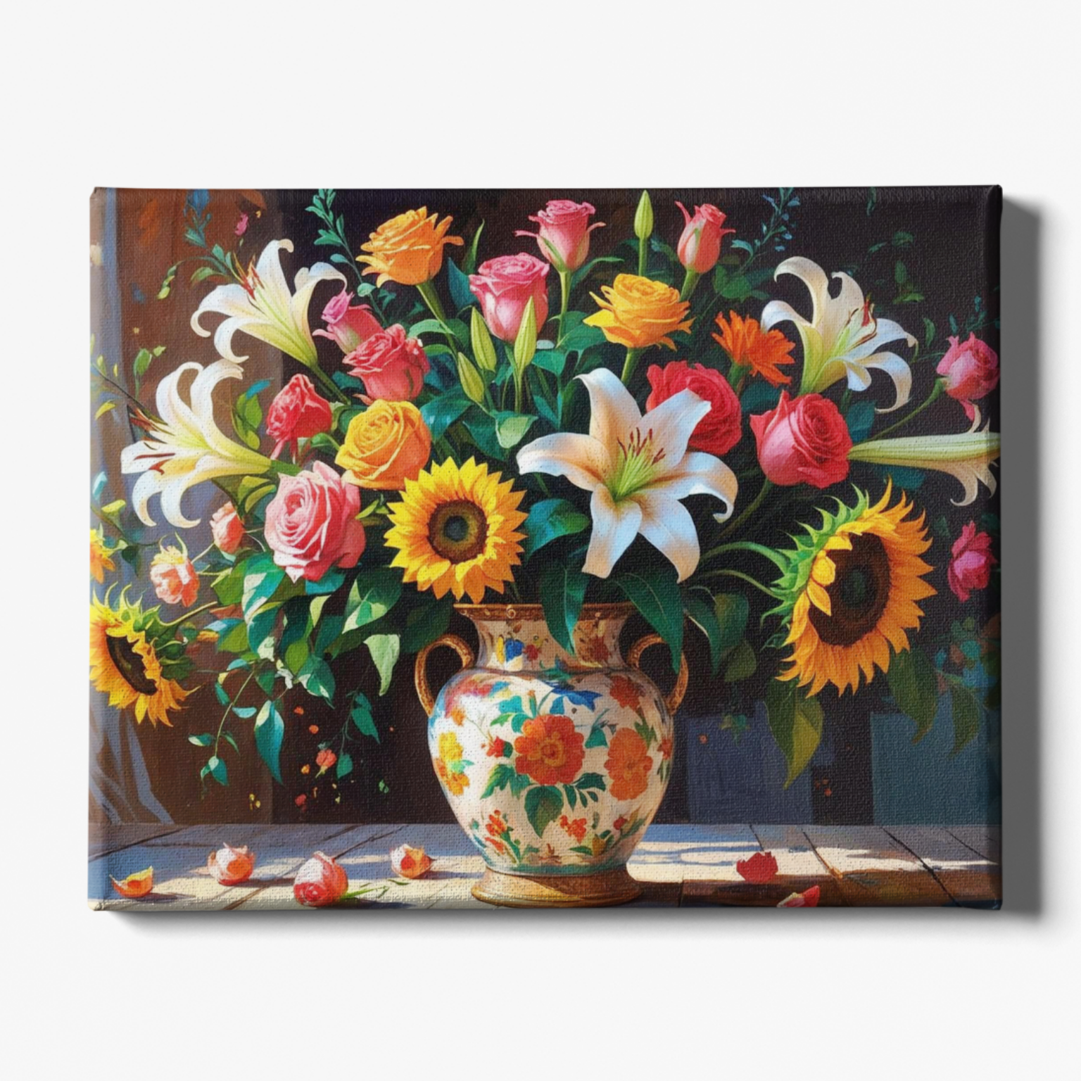 Canvas print of a colorful floral arrangement with a decorative vase on a wooden table.