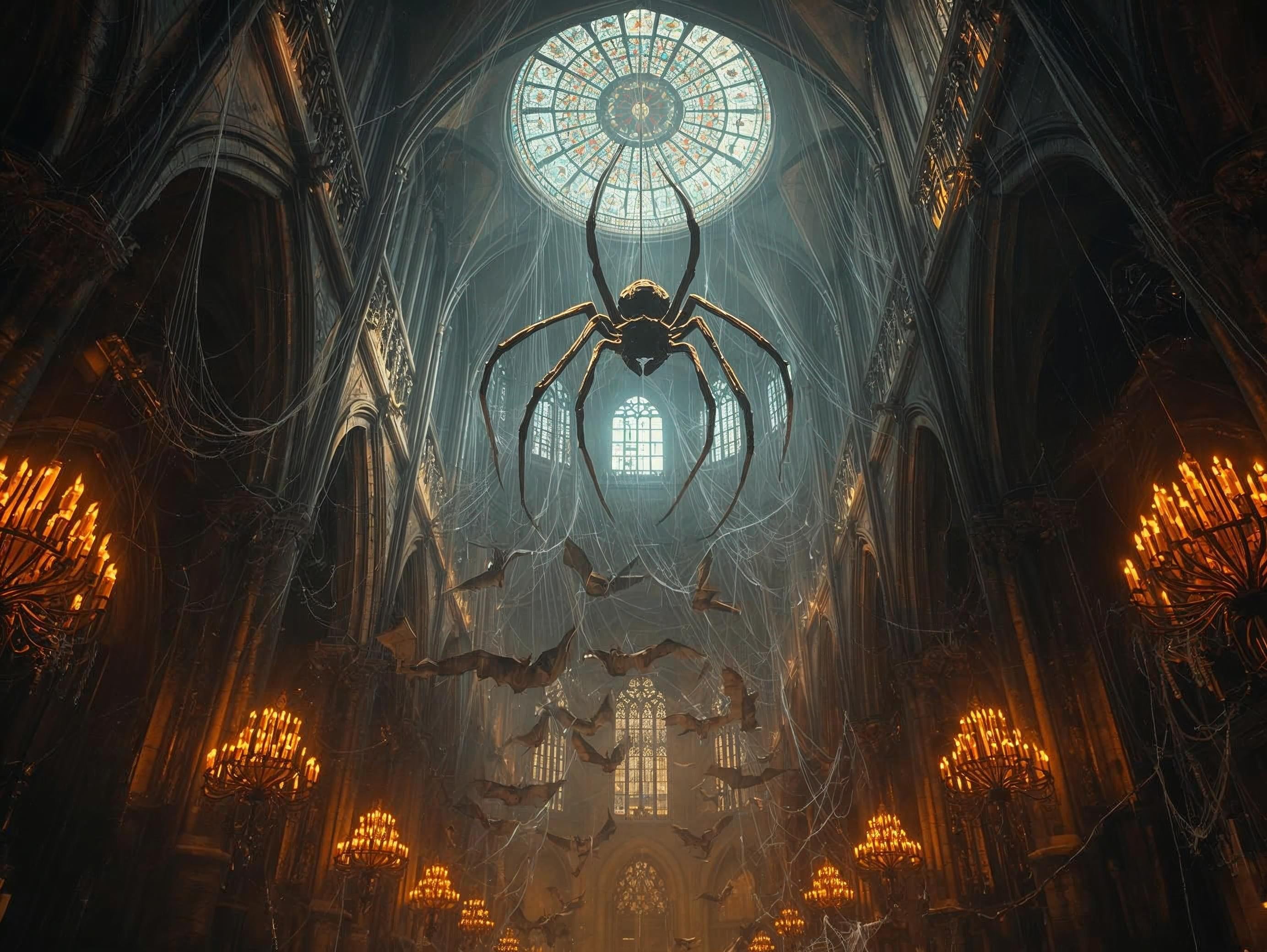 Spider in a cathedral with stained glass windows and chandeliers