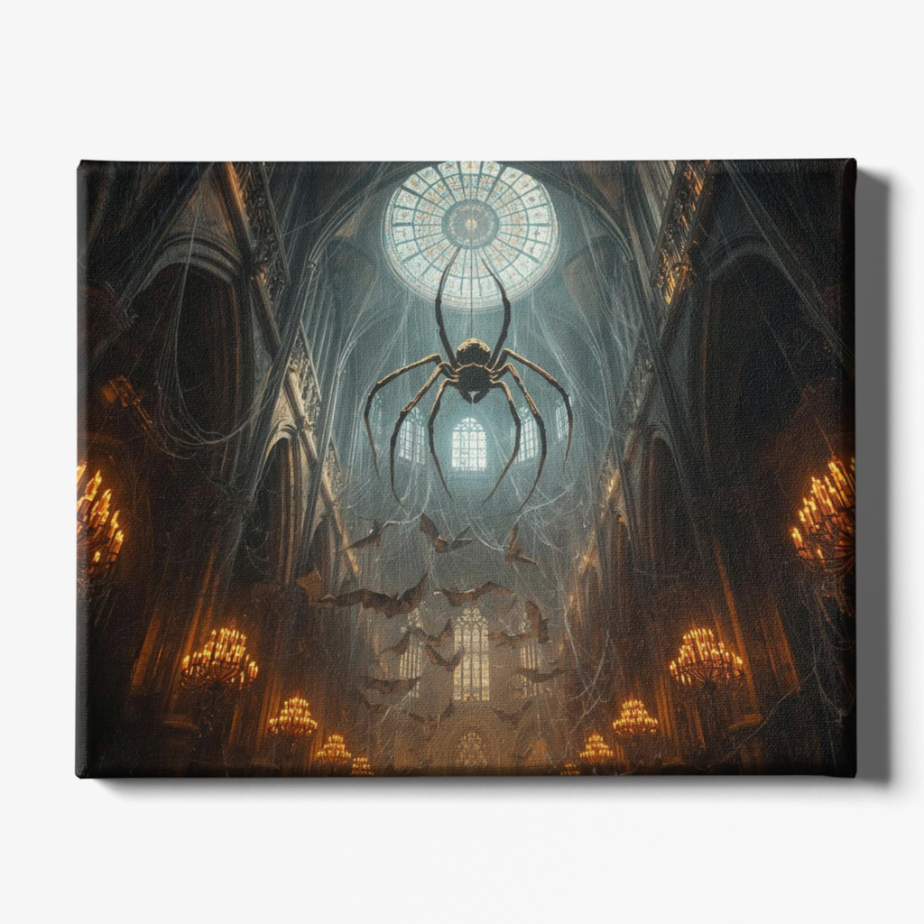 Gothic cathedral with giant spider and bats in the foreground