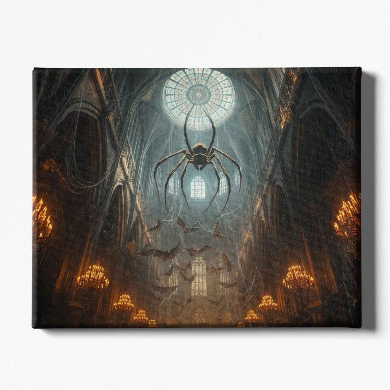 Gothic cathedral with giant spider and bats in the foreground