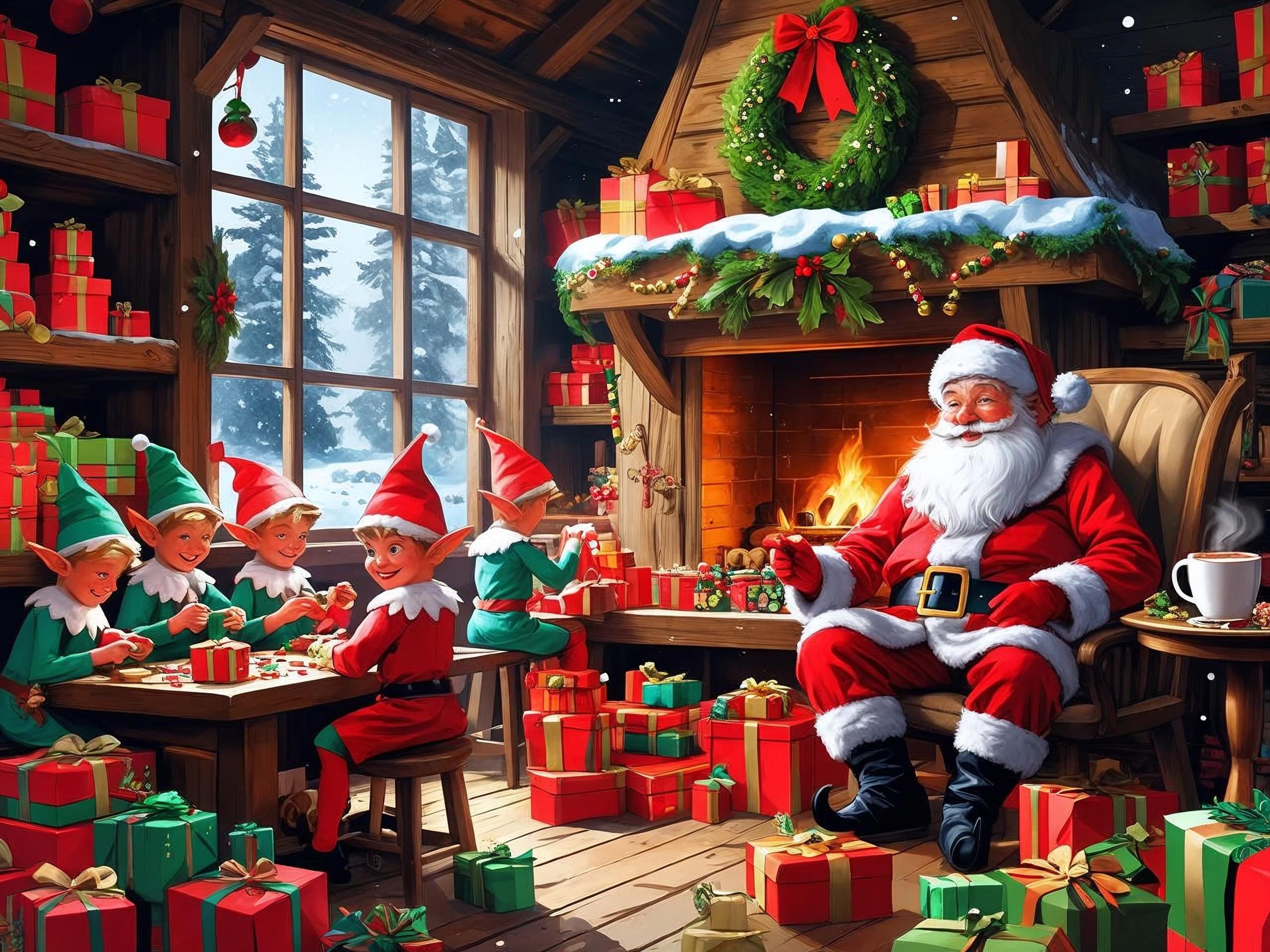Santa Claus with elves in a festive room filled with Christmas decorations and gifts.
